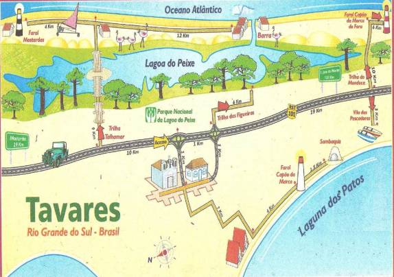 Mapa da prefeitura de Tavares que mostra as trilhas do Parque Nacional da Lagoa do Peixe. Nós entramos pela Trilha da Figueira e, por dentro do parque, fomos até a Trilha Talhamar, por onde seguimos até a Praia do Farol (litoral do rio Grande do Sul)